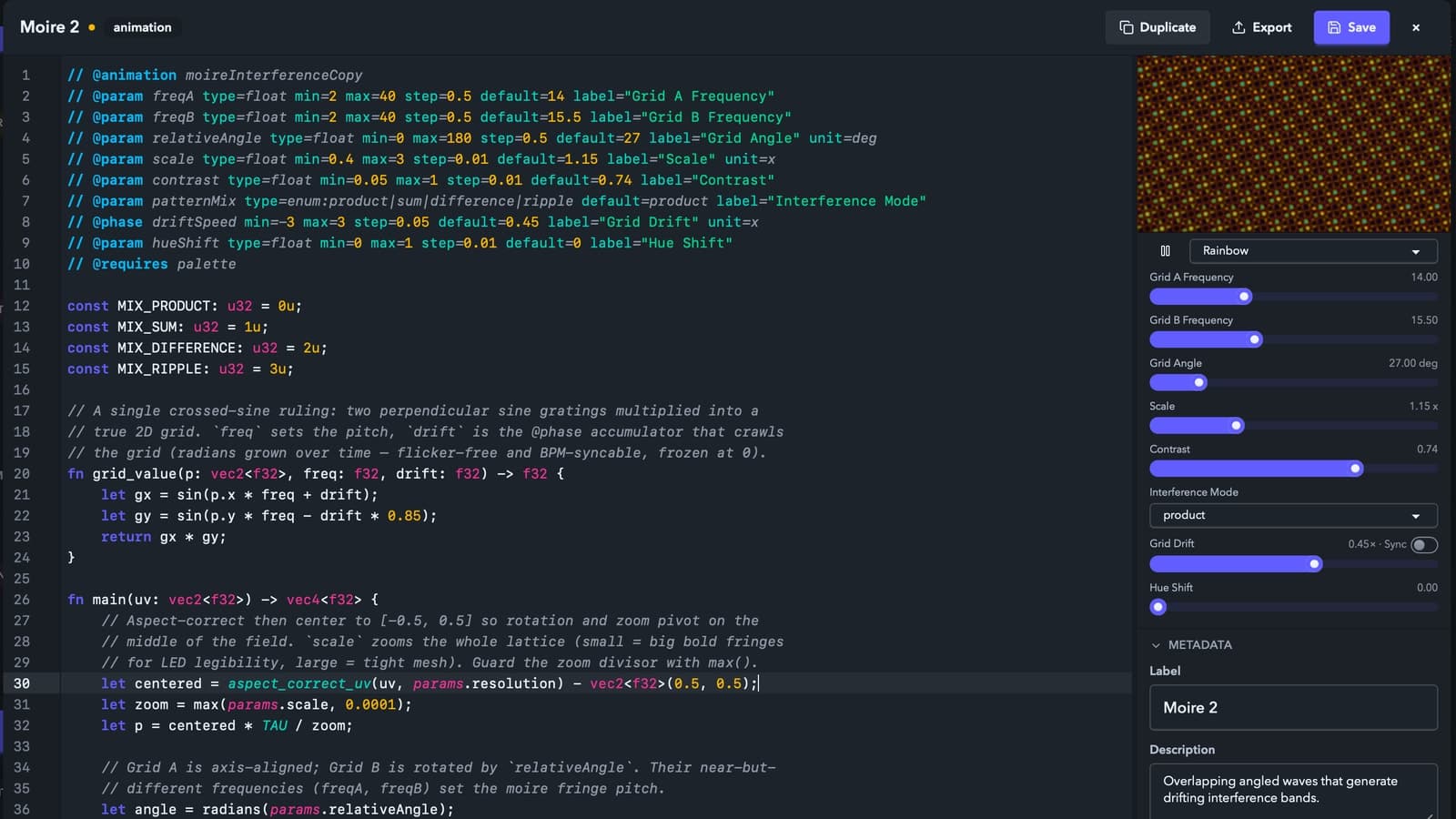 Filament's code editor showing WGSL source alongside a live moiré preview and parameter controls.