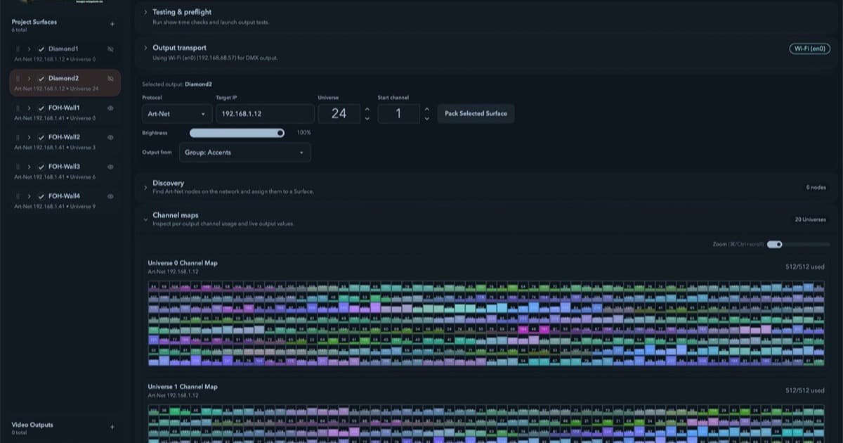 Filament's Output page with live DMX channel maps.