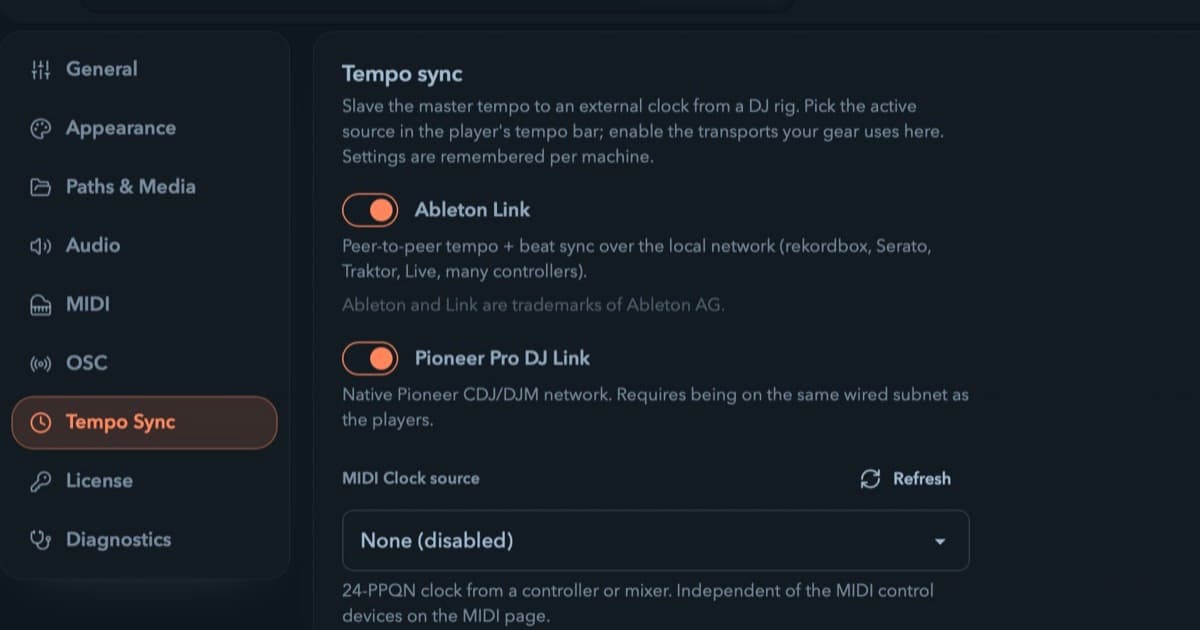 Filament's Tempo Sync settings with its external clock sources.