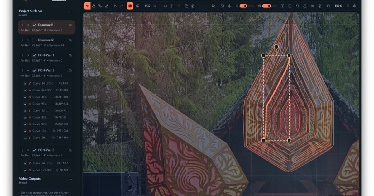 LED curves laid out across Filament's mapping canvas.