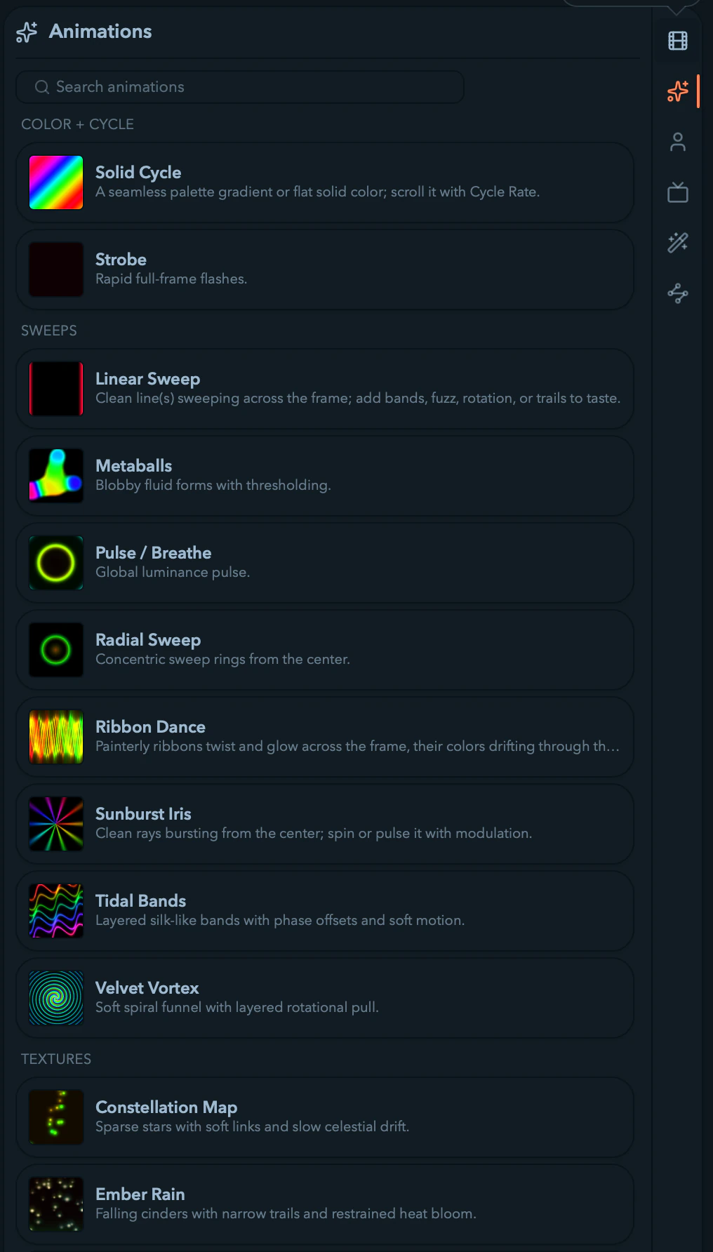 The Animations library tab with its grouped thumbnail tiles.