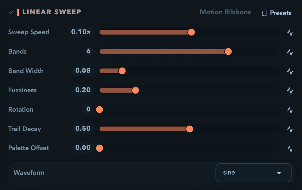 The animation parameter panel with sliders and per-parameter modulation controls.