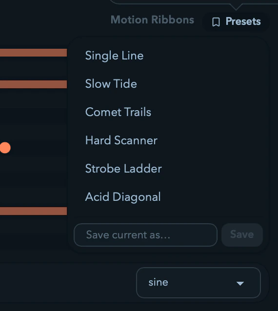 An animation's presets menu with built-in and saved presets.