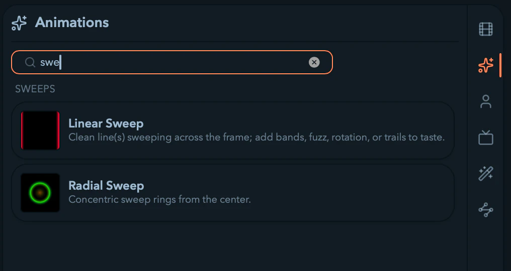 The Animations tab filtered by a search query.