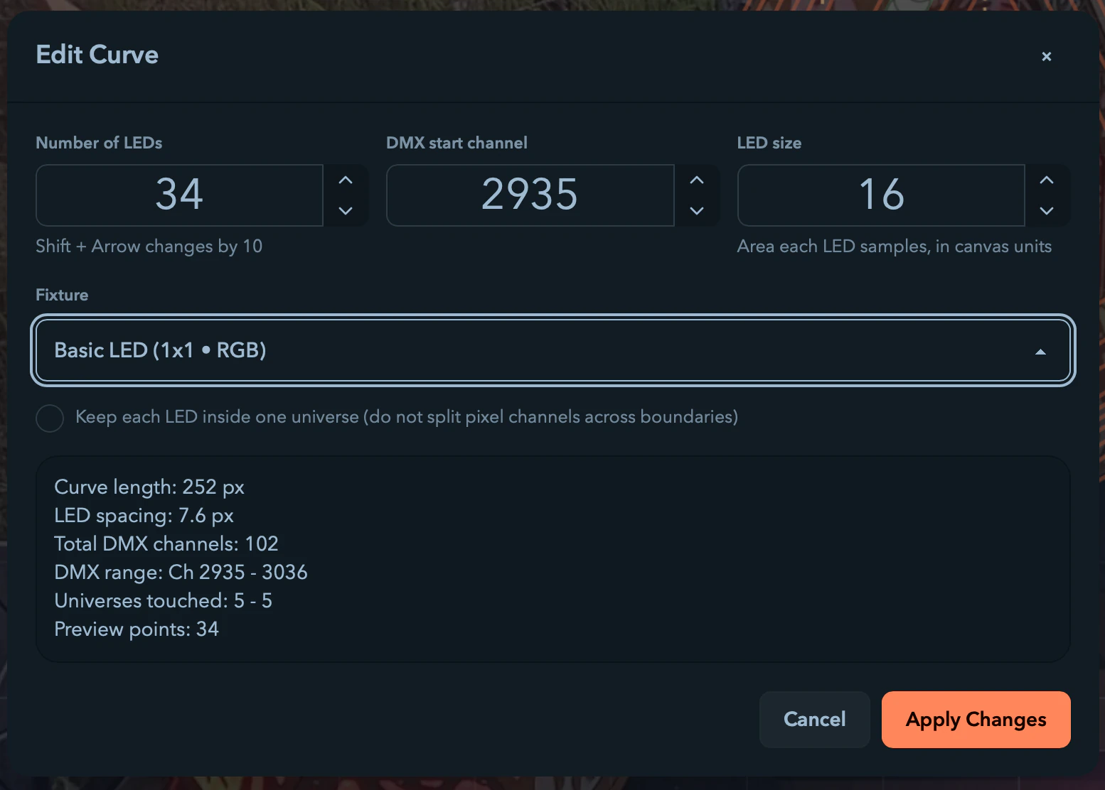 The Configure LED Curve dialog with its fields and live summary.