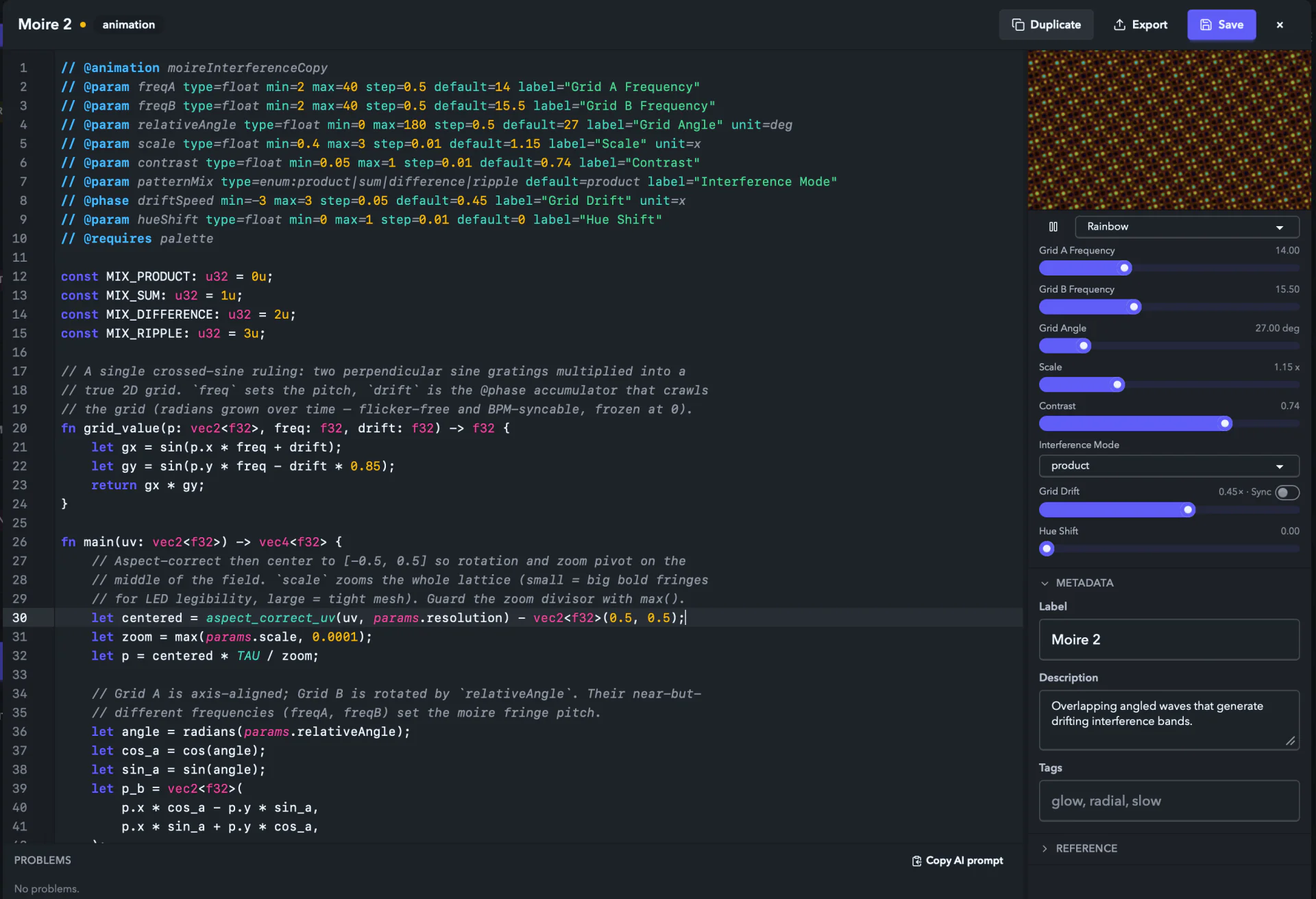The built-in editor: a bundle's WGSL in the code pane, the live preview beside it, and a knob for every declared parameter.