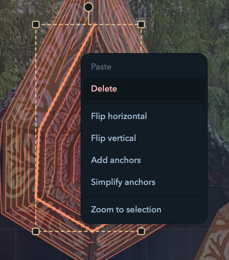 The canvas context menu for a curve.