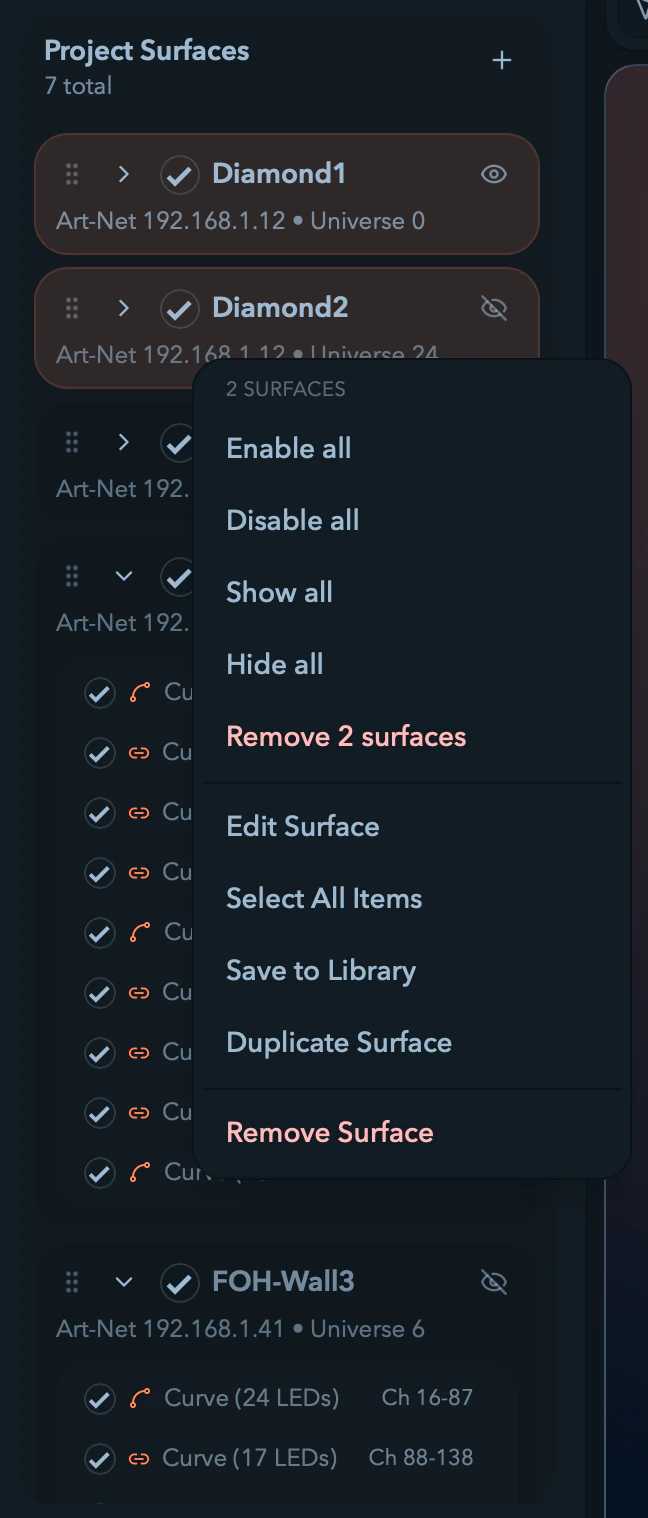 The sidebar bulk context menu over a multi-Surface selection.