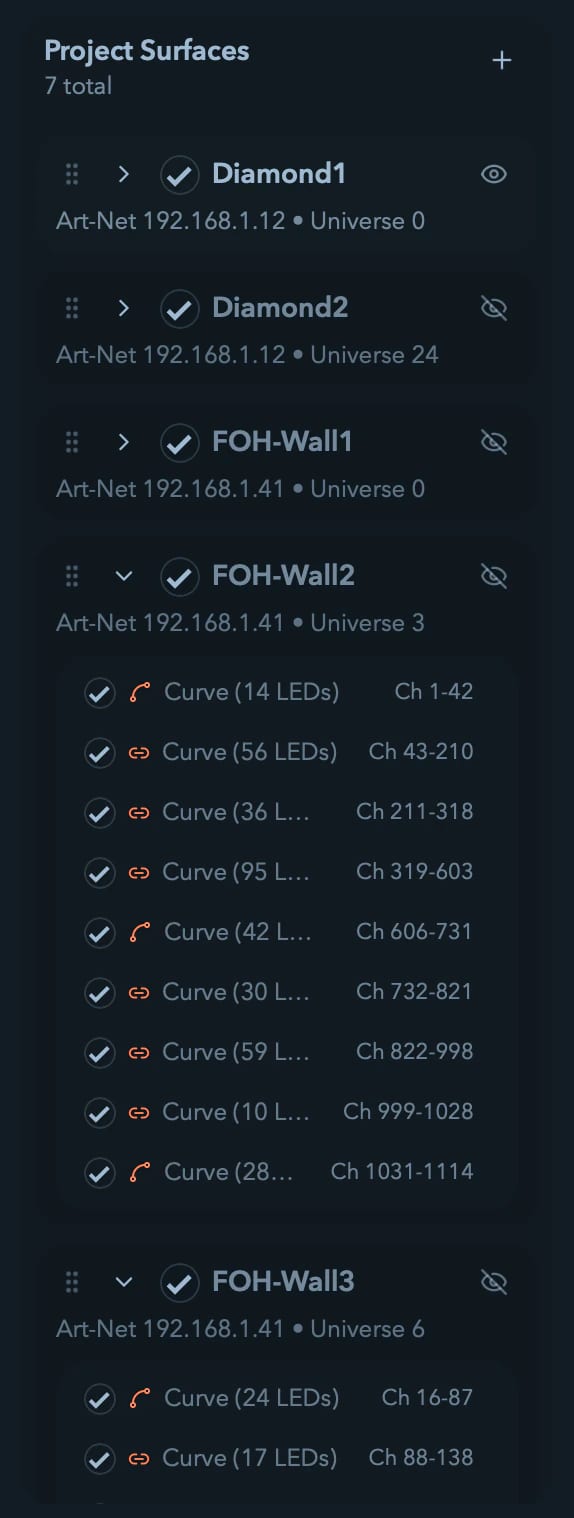 The sidebar project tree with a Surface expanded to show its parts.
