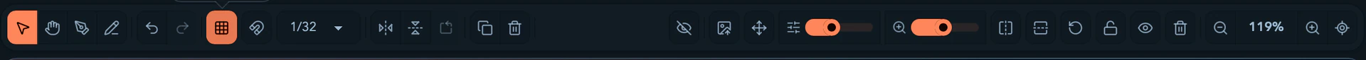 The edit toolbar's history, flip, and duplicate/delete buttons.