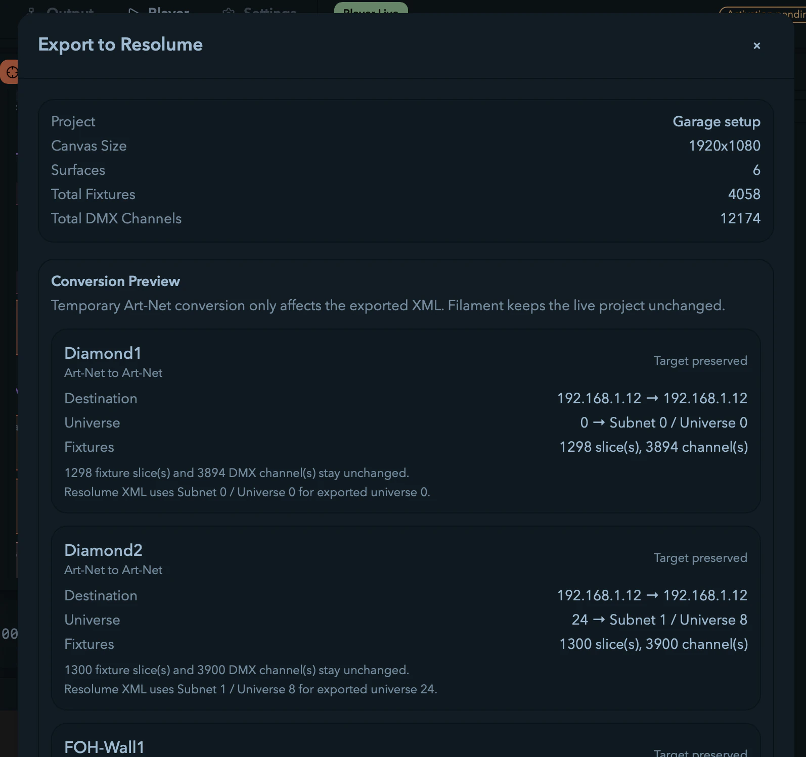 The Resolume export dialog with its project summary and conversion preview.