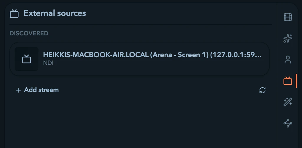 The External sources tab listing discovered NDI and Syphon feeds.