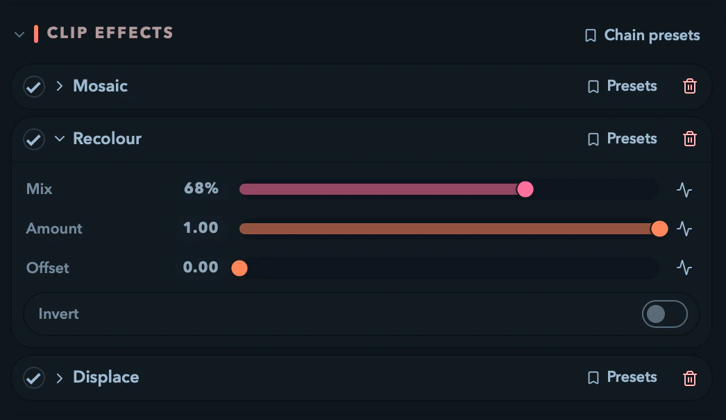 A clip's effect chain editor with an expanded effect, dry/wet mix, and parameter faders.