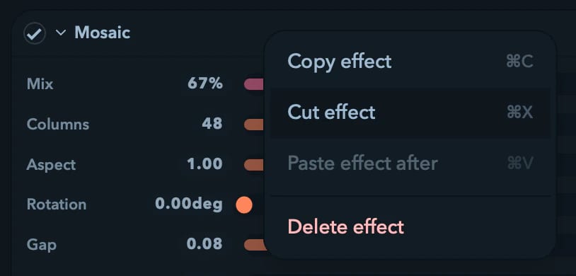 The context menu for an effect row.