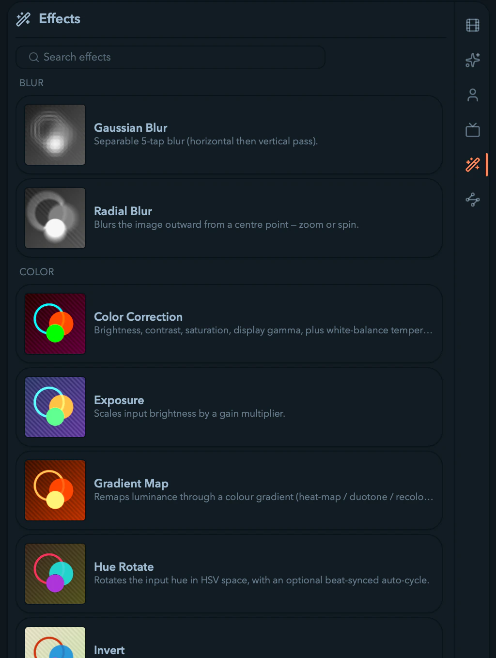 The Effects library tab with effects grouped by category.