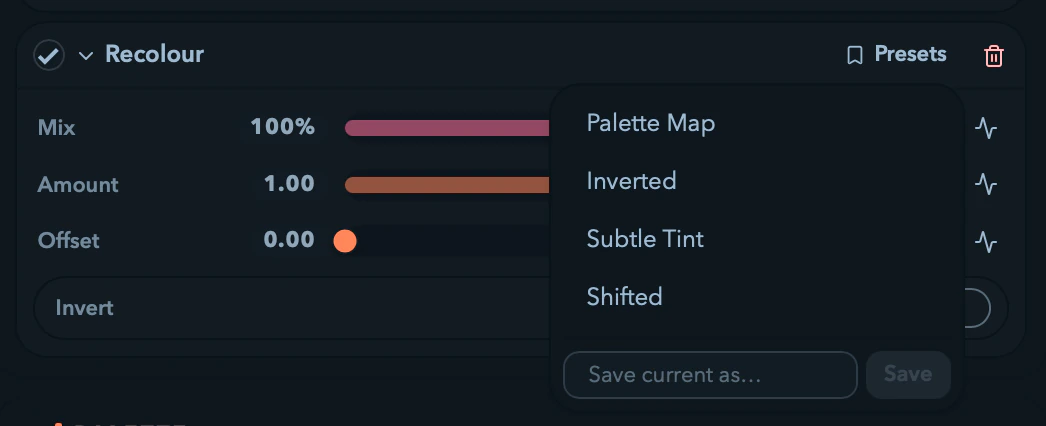 An effect row's presets menu open.