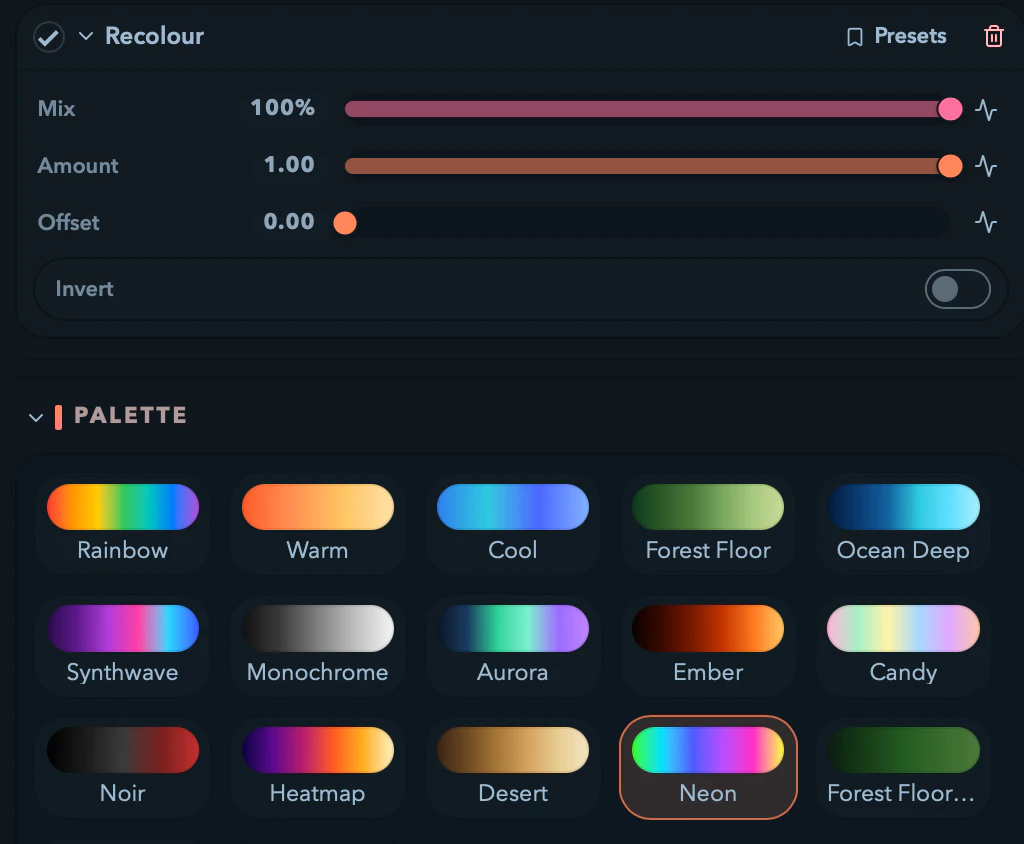 The Recolour effect above the palette rack it samples.