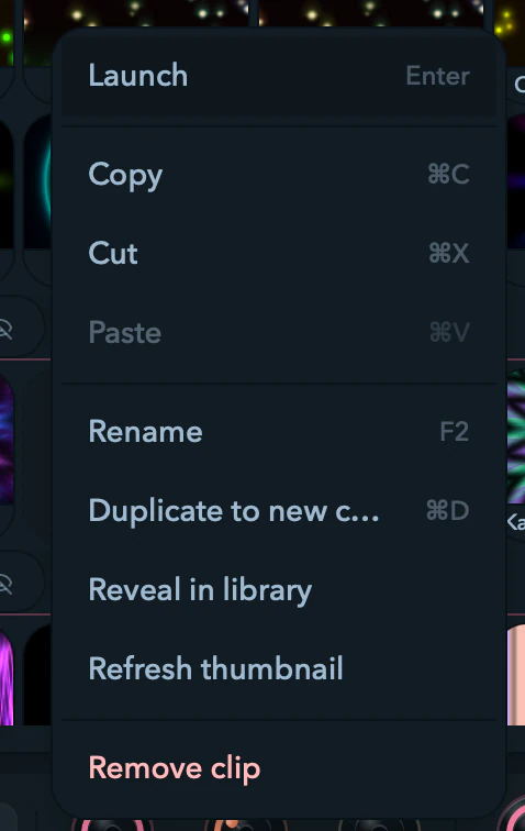 A Filament context menu with keyboard hints beside each item.