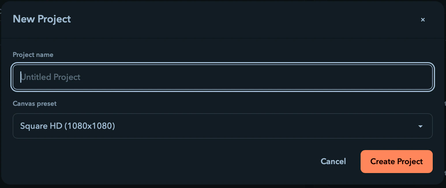The New Project dialog with the canvas preset list open.