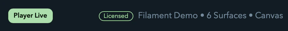 The player status pill and license badge in Filament's toolbar.