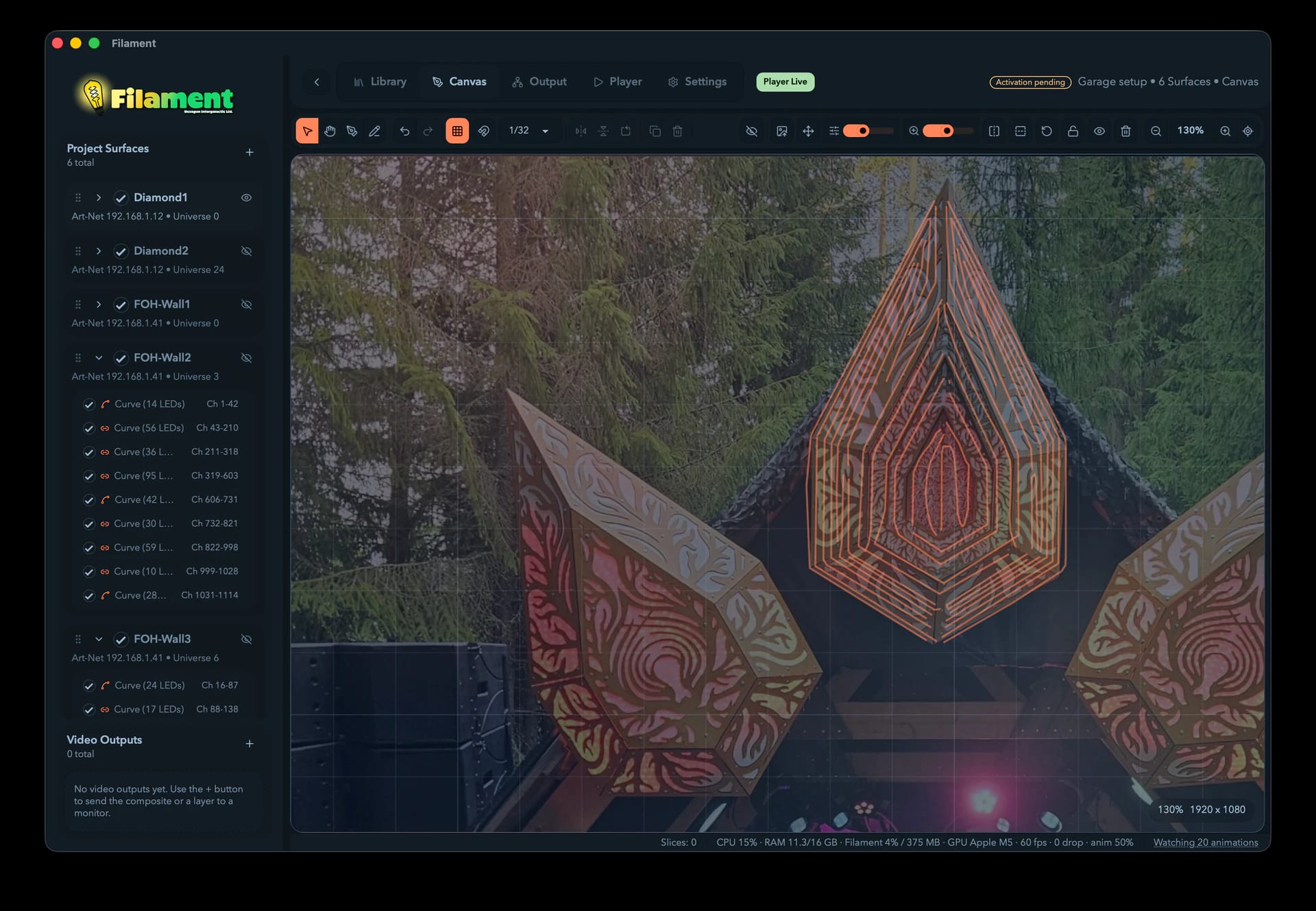 The Filament application window with its toolbar, sidebar, canvas, and status bar.