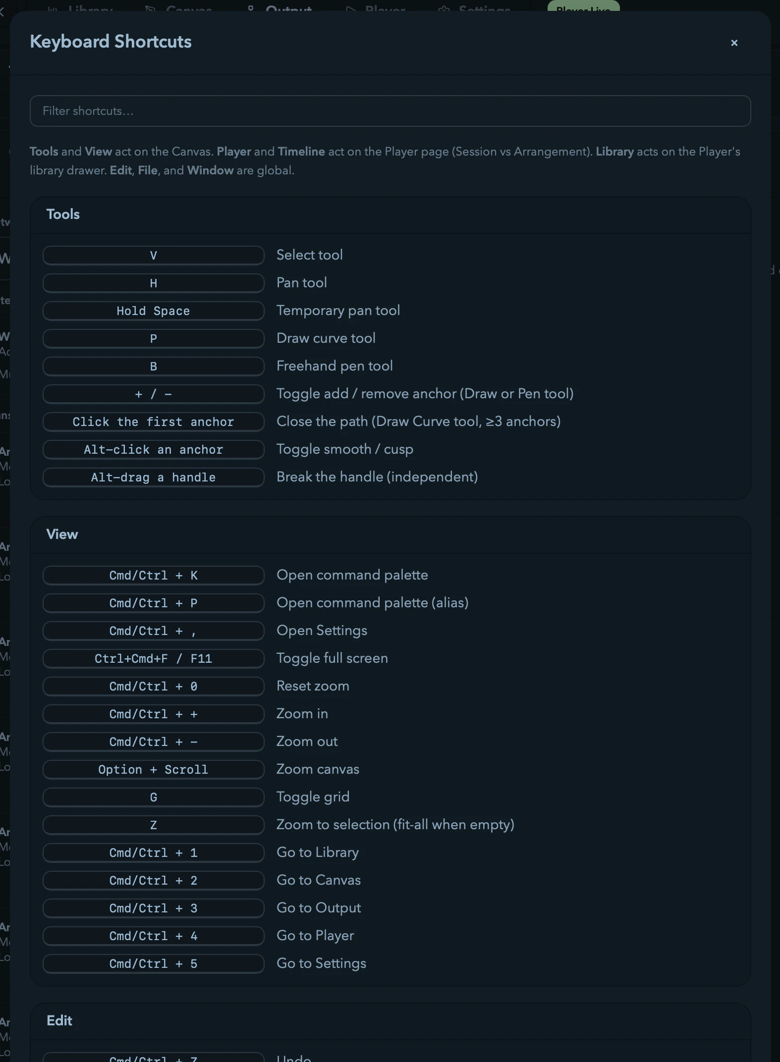 Filament's Keyboard Shortcuts dialog with its search box and grouped key list.