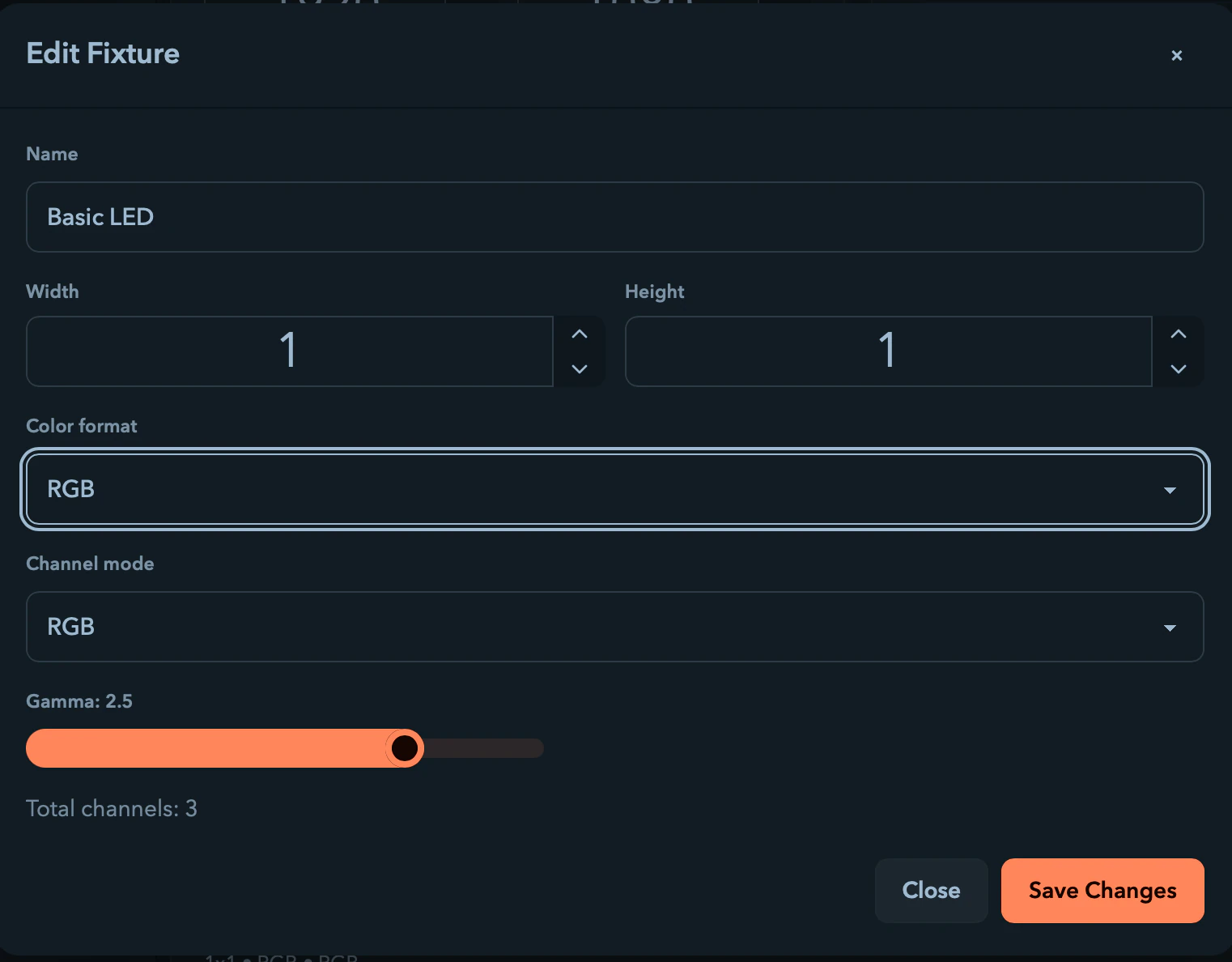 The Edit Fixture dialog showing its six-option color format dropdown.