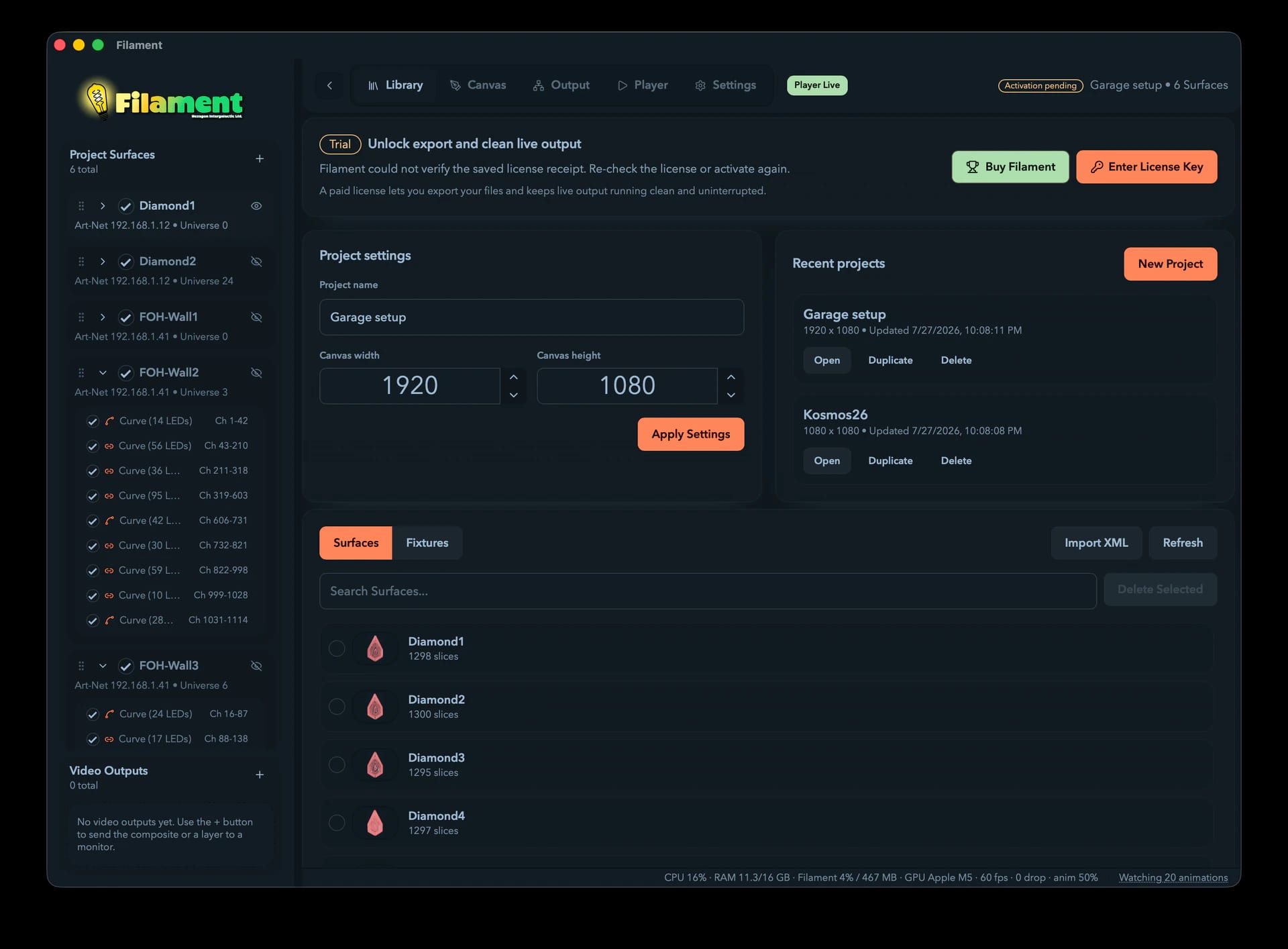 Filament's Library landing page with project settings and recent projects.