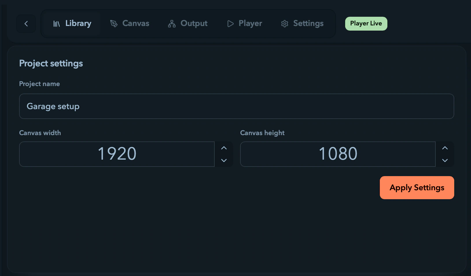 The Project settings card with name and canvas-size fields.