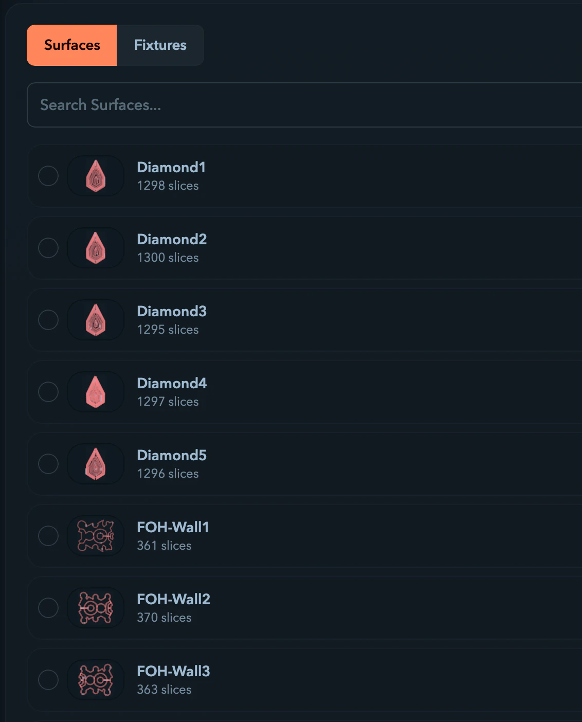 The Surface library list with geometry thumbnails, checkboxes, and slice counts.