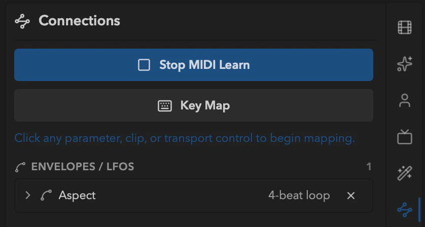 Filament's Connections tab in MIDI Learn mode.
