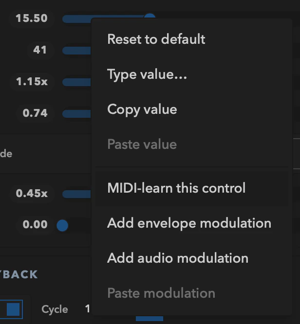 A parameter context menu showing the MIDI-learn item.