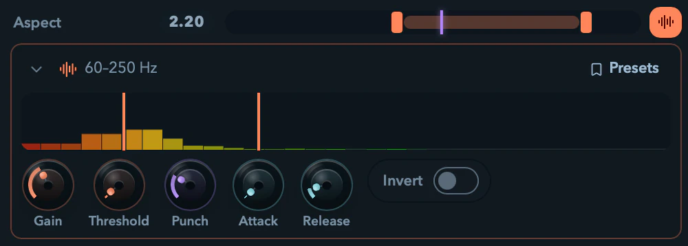 An audio bandpass mapping with its preset row and shaping pots.