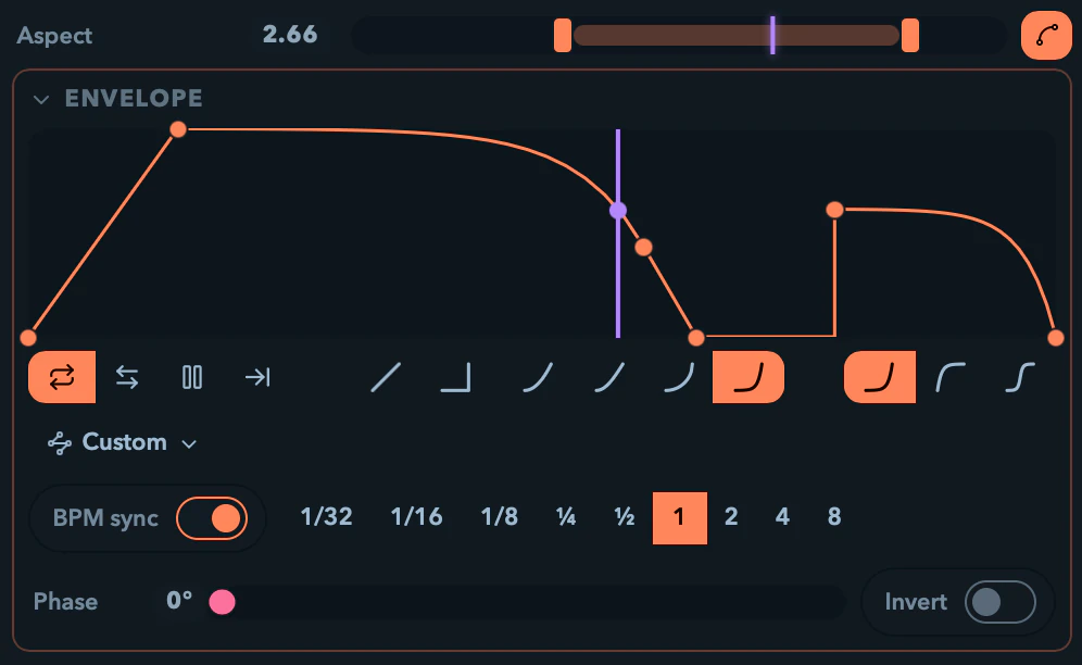 The envelope editor with a drawn curve, editable points, the preset-shape row, and a playhead sweeping the cycle.