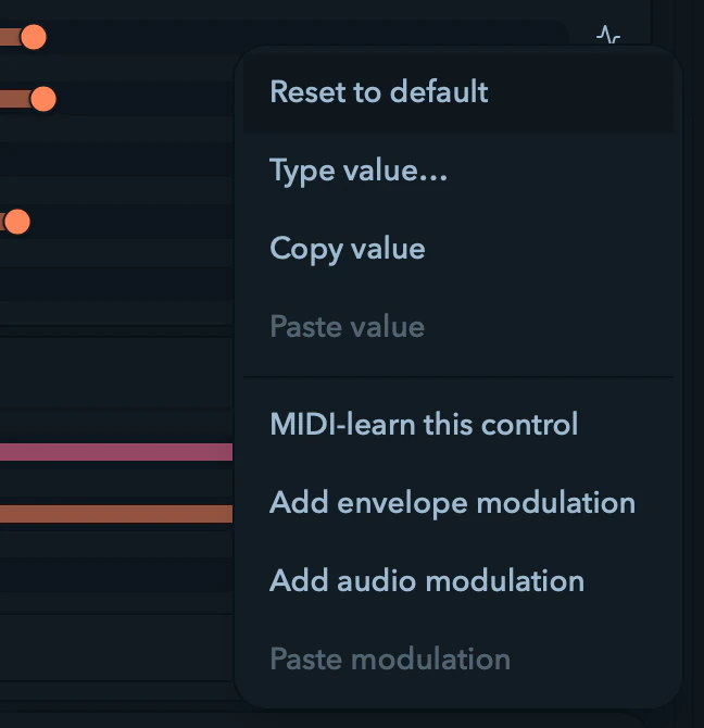 A parameter's right-click menu with its full modulation actions.