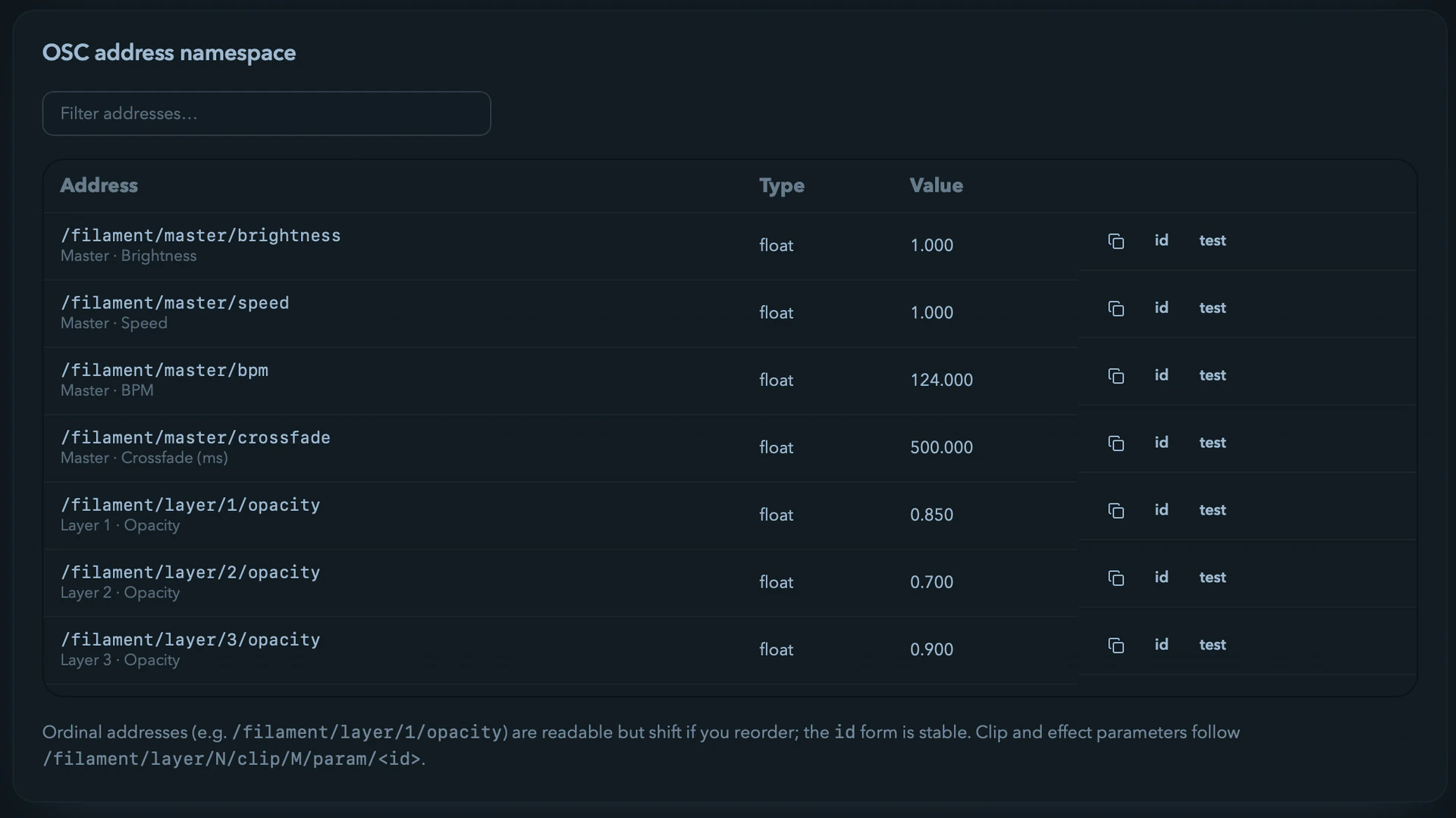 The OSC address browser with live values and copy buttons.