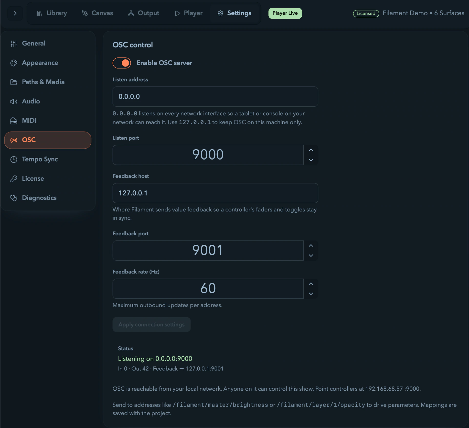 Filament's OSC settings page with the address browser.