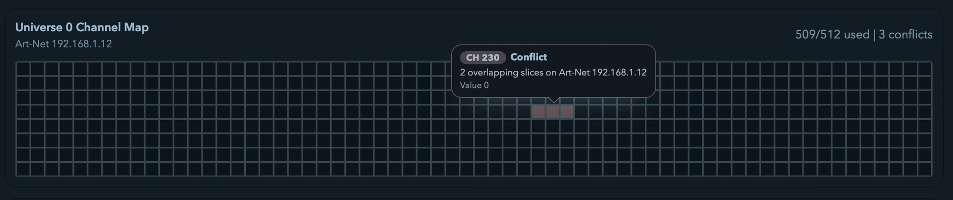 A channel map panel with red conflict overlays on overlapping channels.