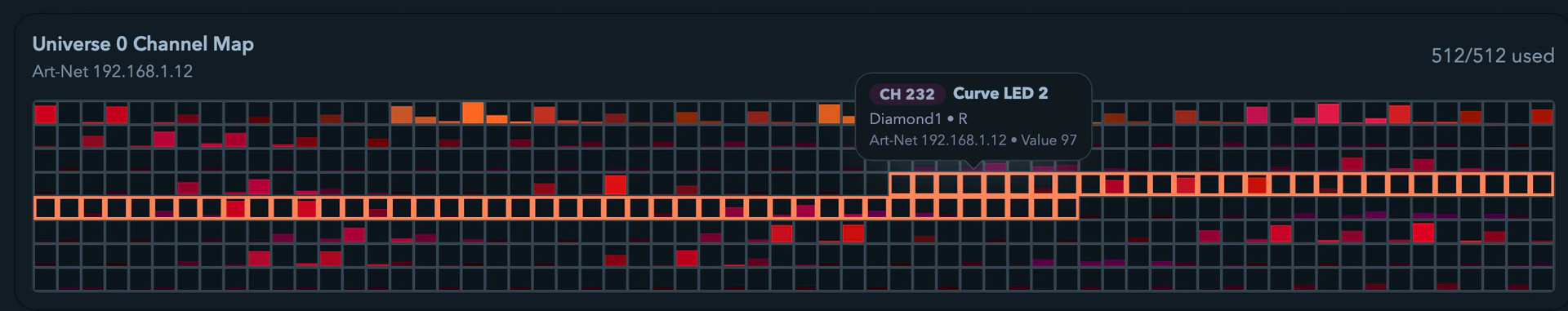 A channel map panel with cells filled bottom-up to their live DMX values.