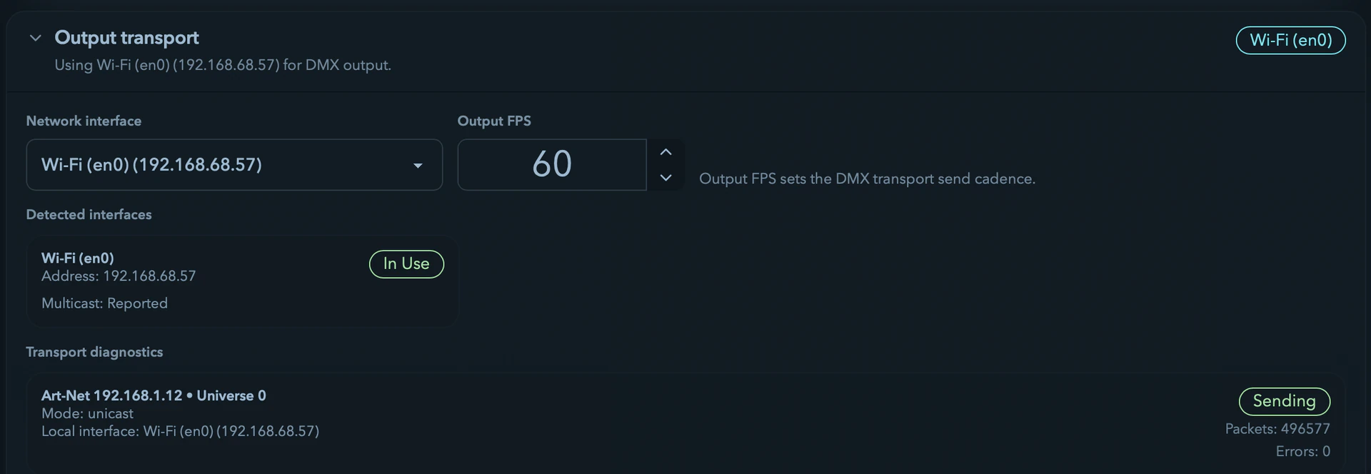 The Output transport section with its interface picker and detected-interface cards.