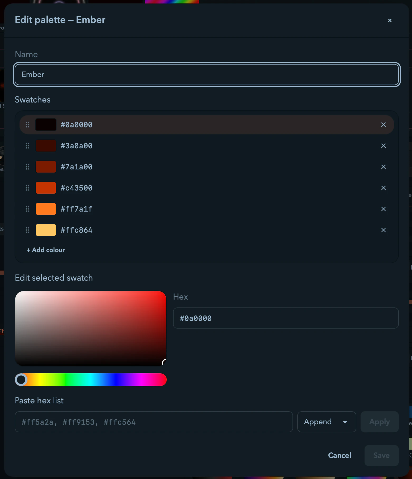 The palette editor with its name field, swatch list, HSV picker, and paste box.