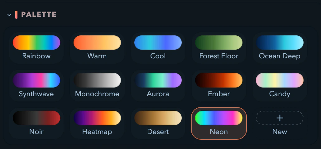 The palette switcher rack with colour chips and the active palette highlighted.