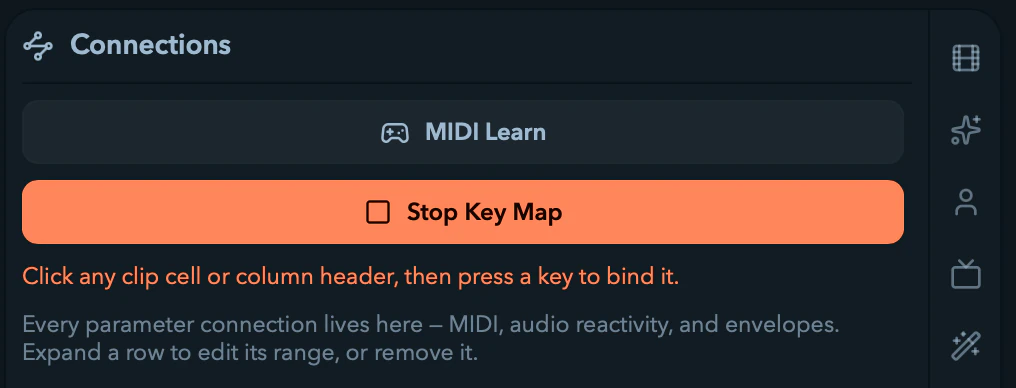 The Key Map armed in the Connections tab with its bindings listed.