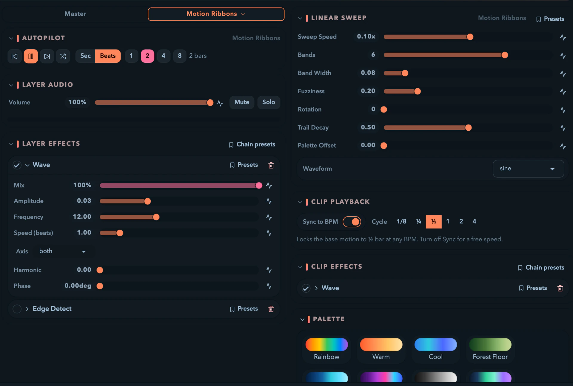 The pinned panel with its Master/Layer tabs and clip context column.