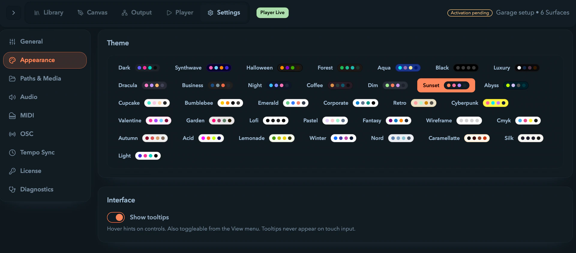 The theme picker and tooltips toggle in Filament settings.