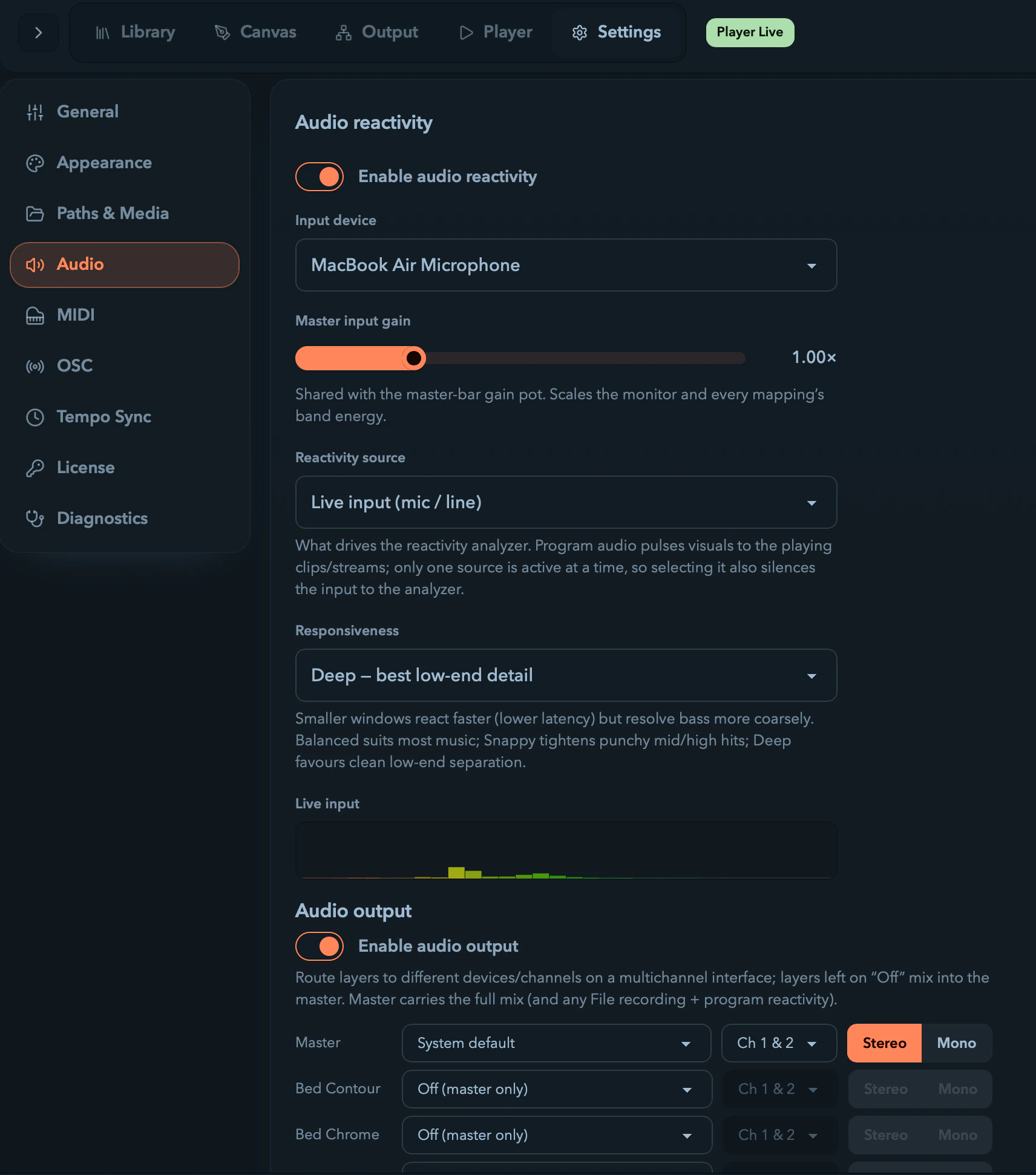 The audio reactivity settings with their input picker and live meter.