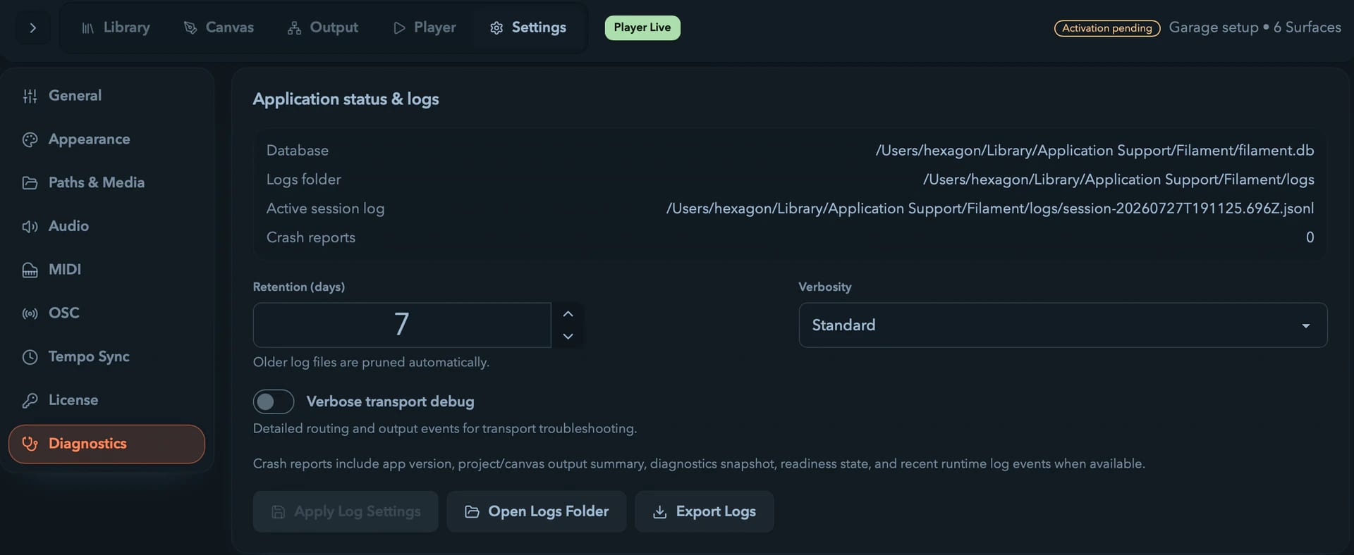 The application status and logs settings card.