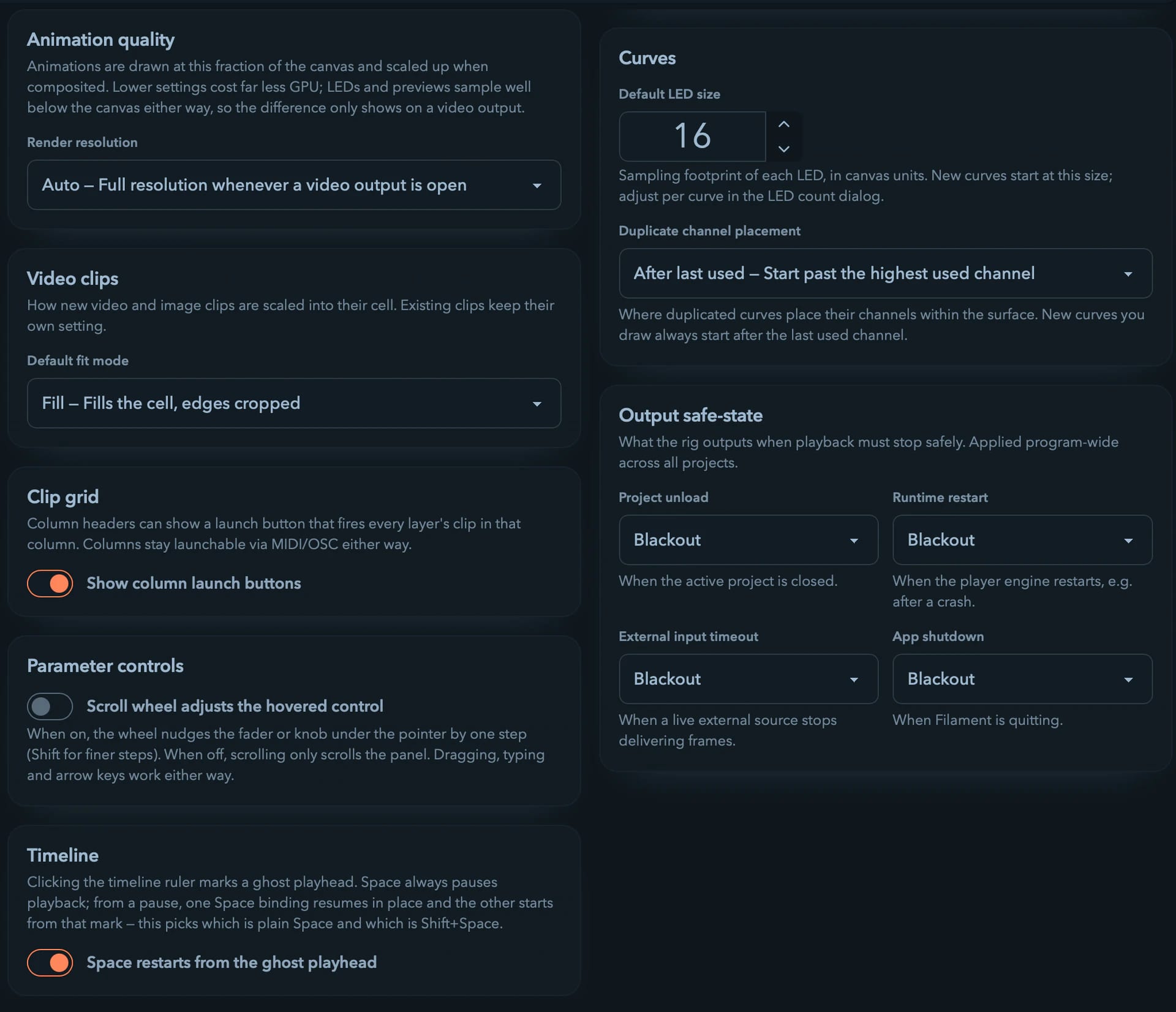 The Clip grid, Parameter controls, Timeline, and Curves settings cards.