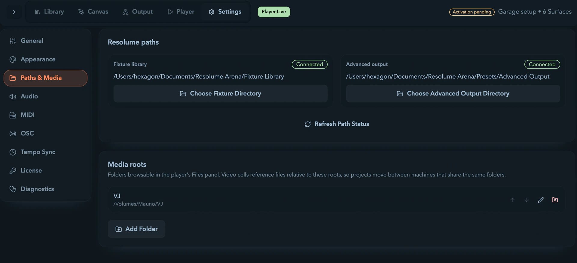The Resolume fixture-library and advanced-output path settings.