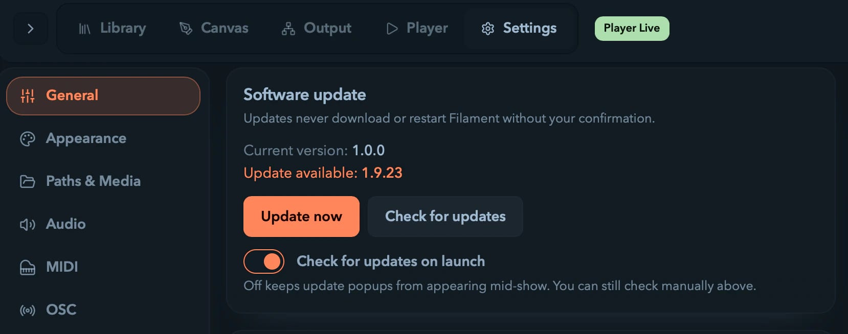 The Software update card in Filament settings.